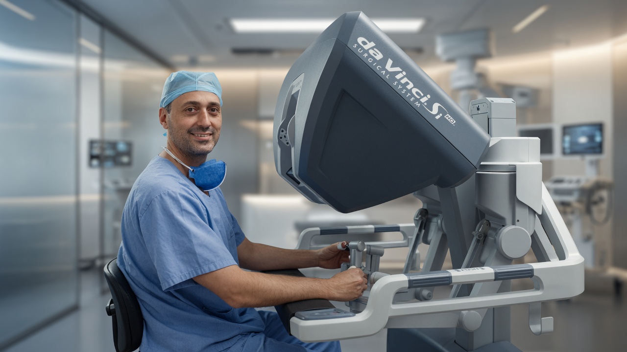 Dr. Marcelo Quintanilha na console do sistema robótico Da Vinci